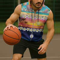 Hawaii Beach Landscape Time-Lapse Sleeveless Zip Hoodie Tropical Plumeria Flowers - Wonder Print Shop