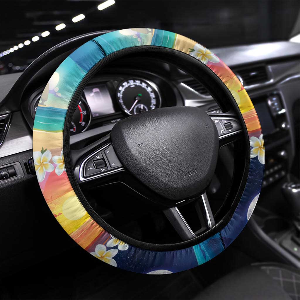 Hawaii Beach Landscape Time-Lapse Steering Wheel Cover Tropical Plumeria Flowers - Wonder Print Shop