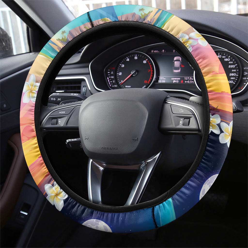 Hawaii Beach Landscape Time-Lapse Steering Wheel Cover Tropical Plumeria Flowers - Wonder Print Shop