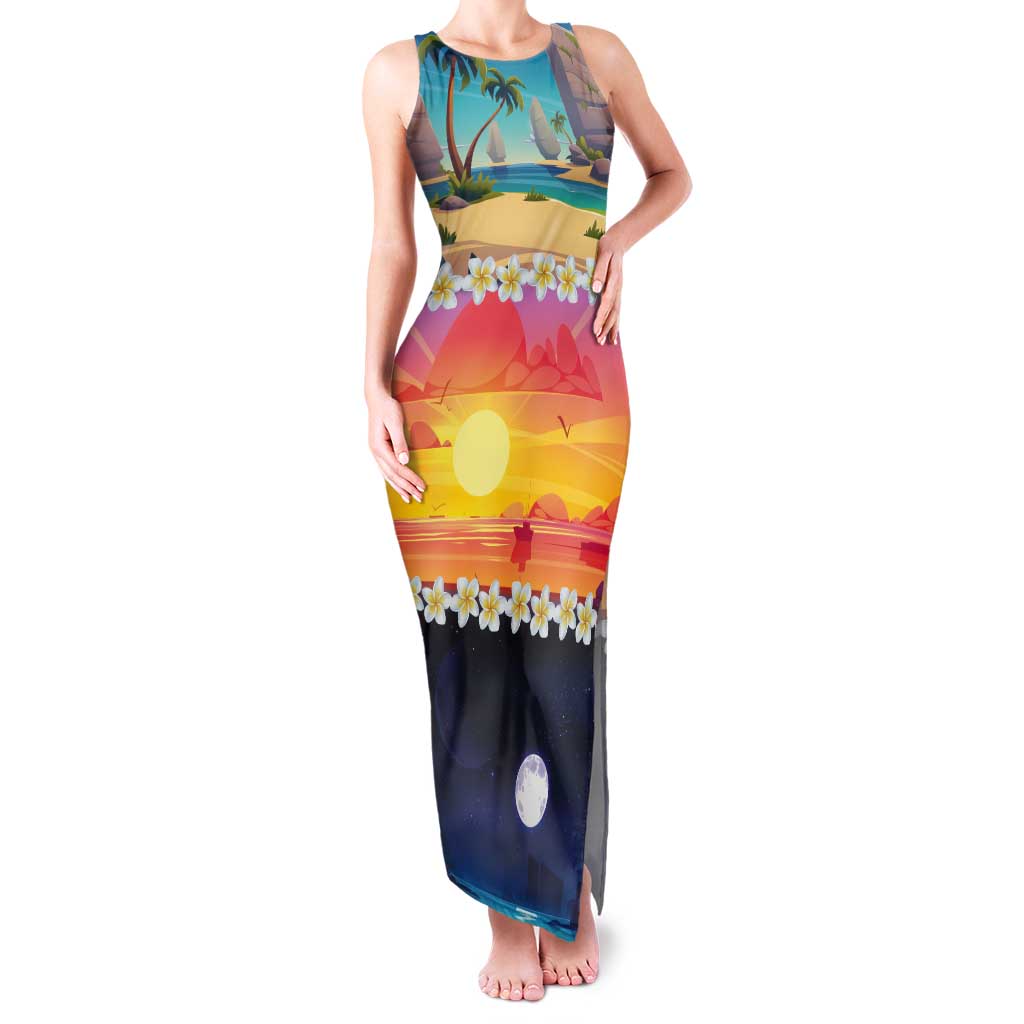 Hawaii Beach Landscape Time-Lapse Tank Maxi Dress Tropical Plumeria Flowers - Wonder Print Shop
