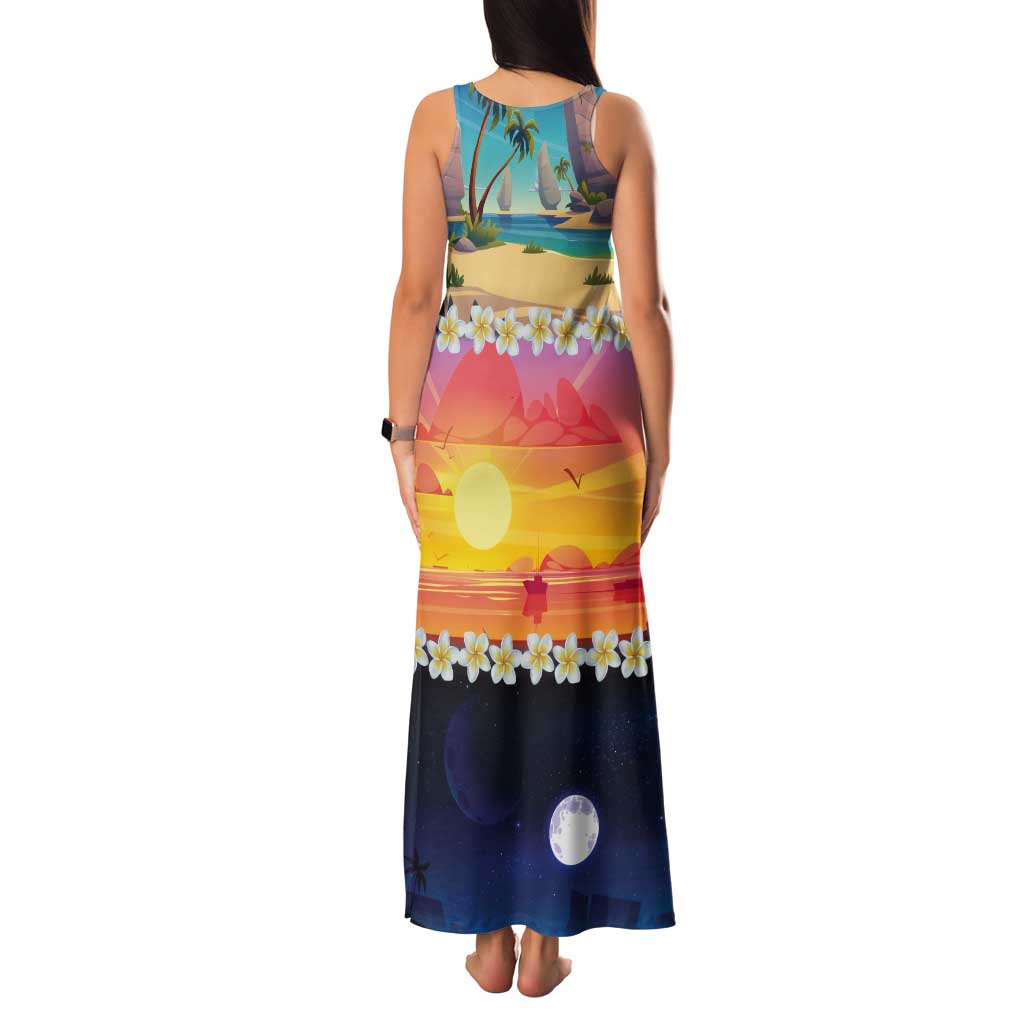 Hawaii Beach Landscape Time-Lapse Tank Maxi Dress Tropical Plumeria Flowers - Wonder Print Shop