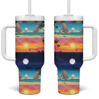 Hawaii Beach Landscape Time-Lapse Tumbler With Handle Tropical Plumeria Flowers - Wonder Print Shop