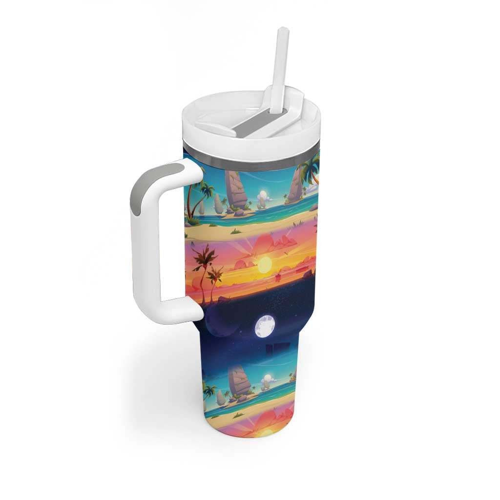 Hawaii Beach Landscape Time-Lapse Tumbler With Handle Tropical Plumeria Flowers - Wonder Print Shop