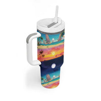 Hawaii Beach Landscape Time-Lapse Tumbler With Handle Tropical Plumeria Flowers - Wonder Print Shop
