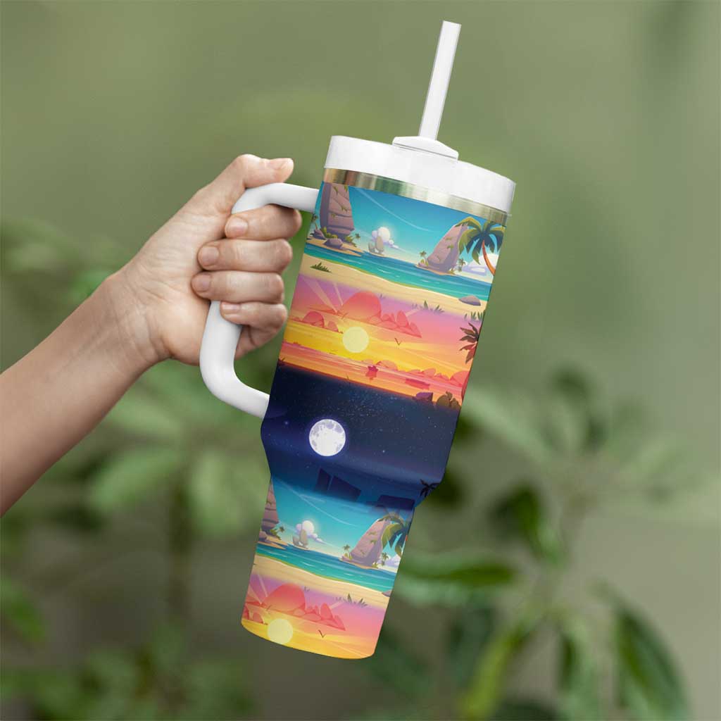 Hawaii Beach Landscape Time-Lapse Tumbler With Handle Tropical Plumeria Flowers - Wonder Print Shop