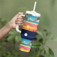 Hawaii Beach Landscape Time-Lapse Tumbler With Handle Tropical Plumeria Flowers - Wonder Print Shop