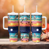 Hawaii Beach Landscape Time-Lapse Tumbler With Handle Tropical Plumeria Flowers - Wonder Print Shop