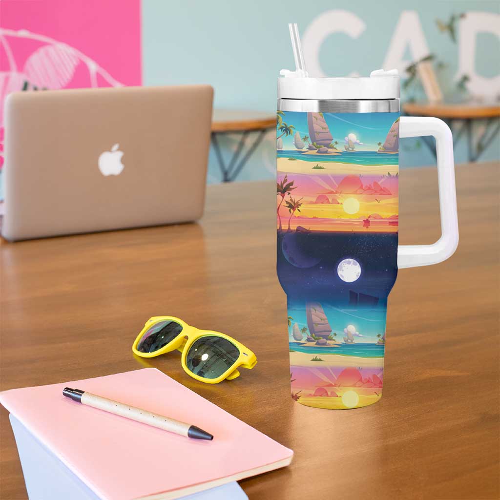 Hawaii Beach Landscape Time-Lapse Tumbler With Handle Tropical Plumeria Flowers - Wonder Print Shop