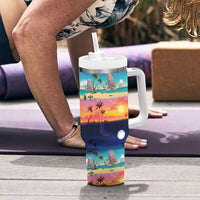 Hawaii Beach Landscape Time-Lapse Tumbler With Handle Tropical Plumeria Flowers - Wonder Print Shop