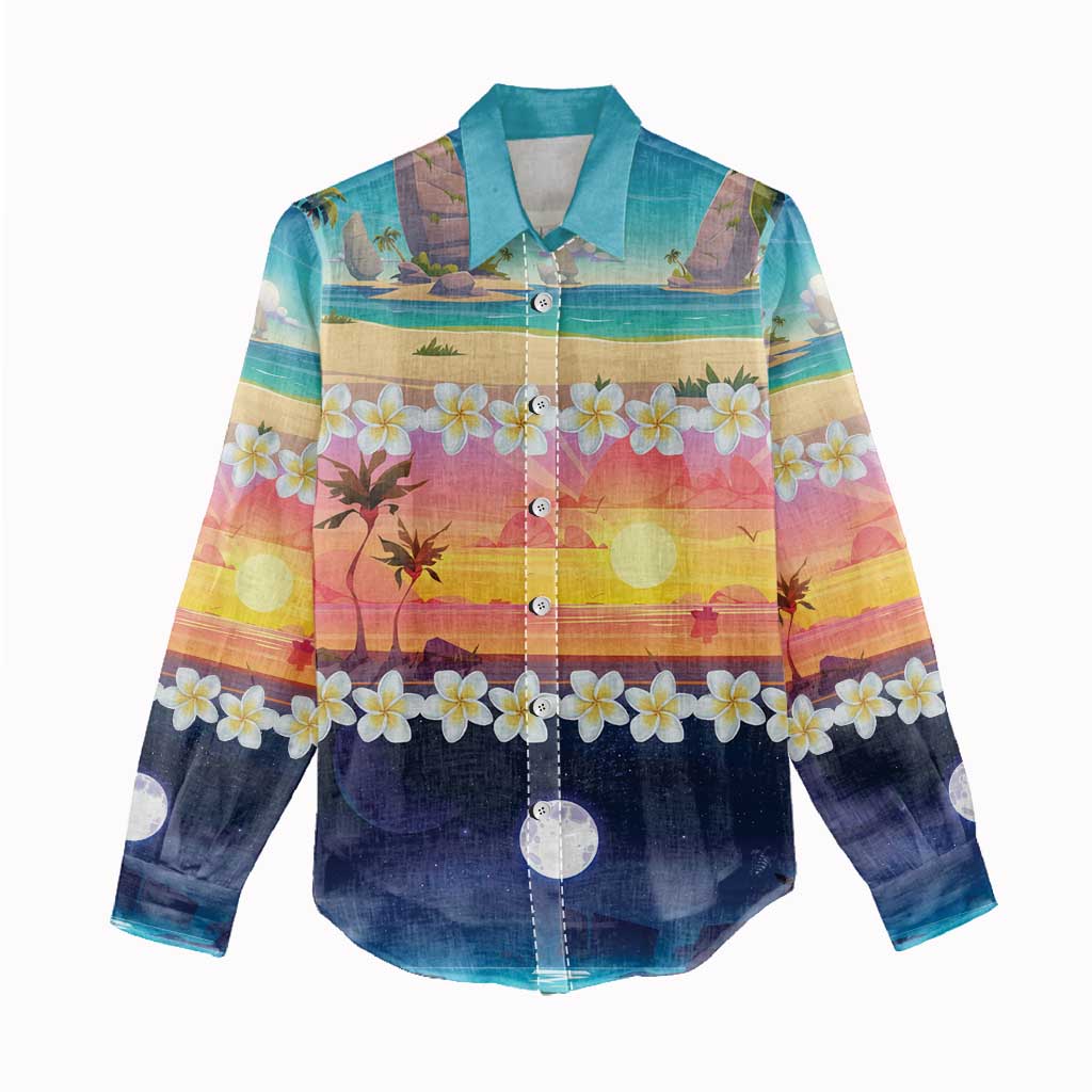 Hawaii Beach Landscape Time-Lapse Women Casual Shirt Tropical Plumeria Flowers - Wonder Print Shop