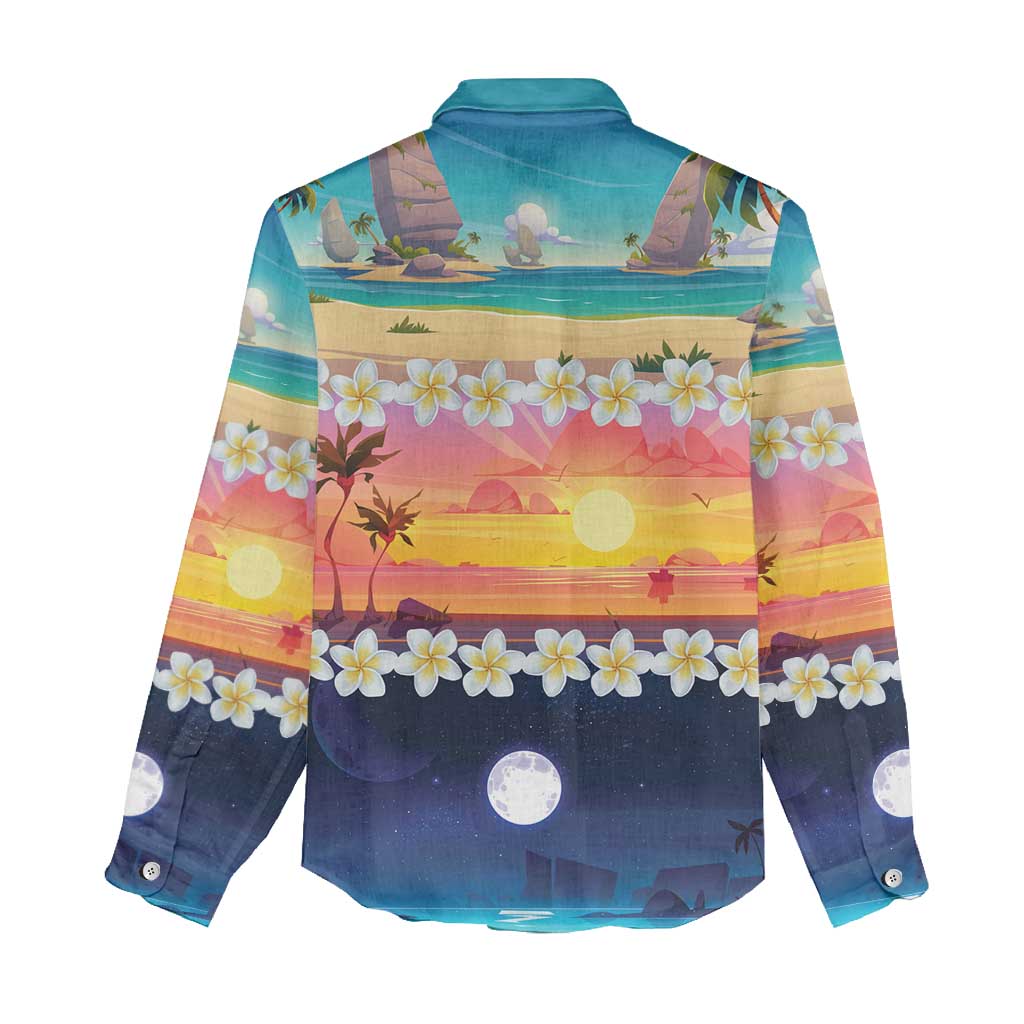 Hawaii Beach Landscape Time-Lapse Women Casual Shirt Tropical Plumeria Flowers - Wonder Print Shop