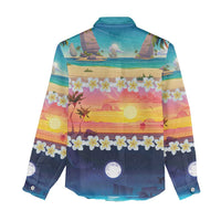 Hawaii Beach Landscape Time-Lapse Women Casual Shirt Tropical Plumeria Flowers - Wonder Print Shop