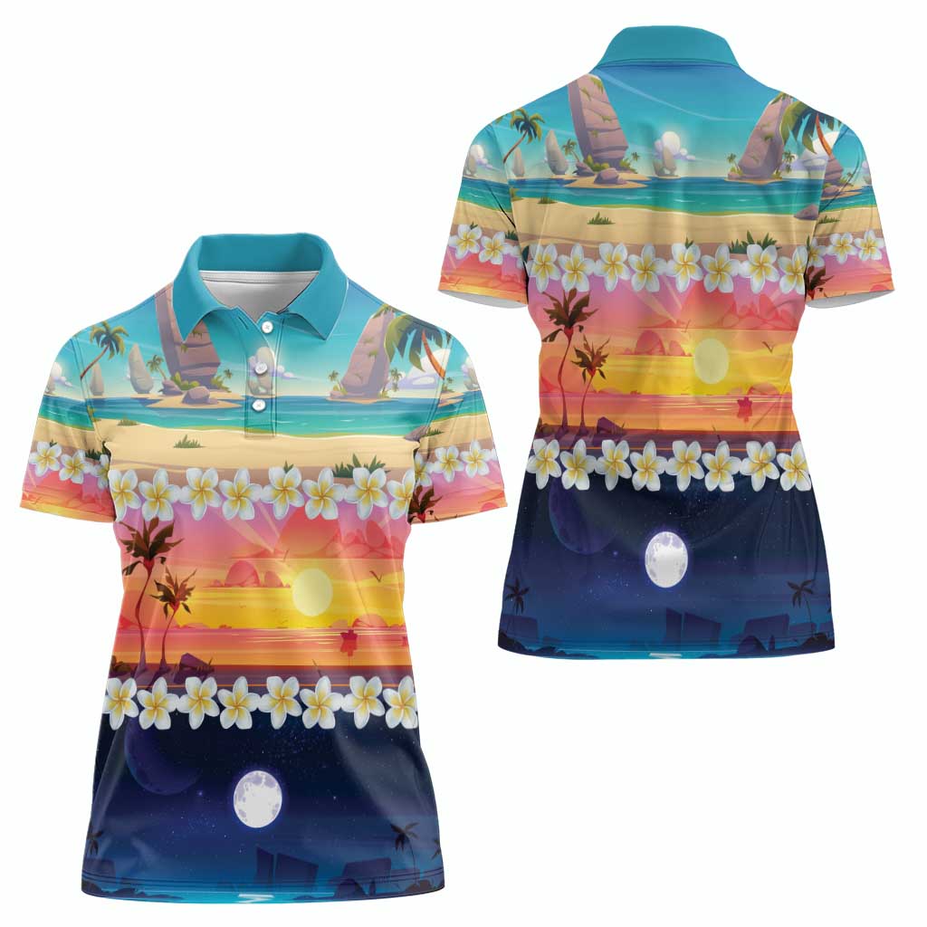 Hawaii Beach Landscape Time-Lapse Women Polo Shirt Tropical Plumeria Flowers - Wonder Print Shop
