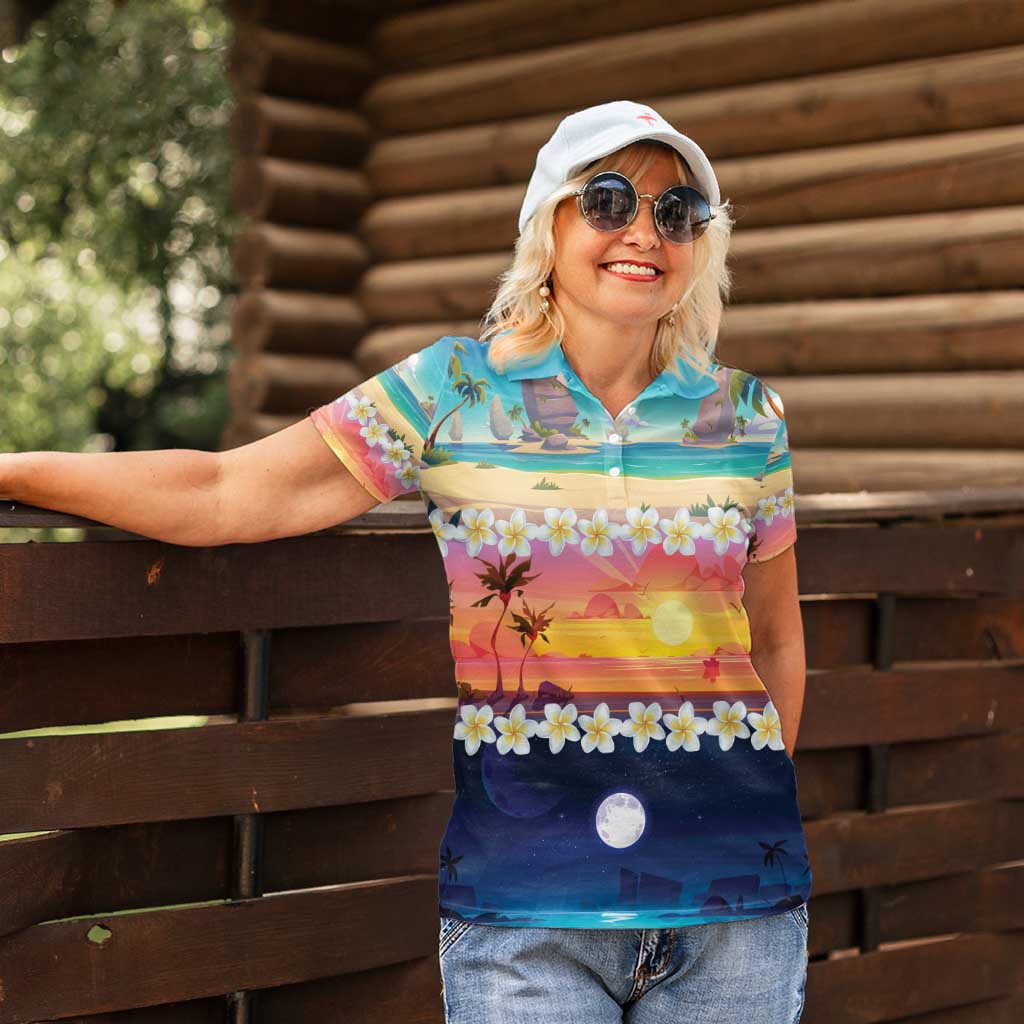 Hawaii Beach Landscape Time-Lapse Women Polo Shirt Tropical Plumeria Flowers - Wonder Print Shop