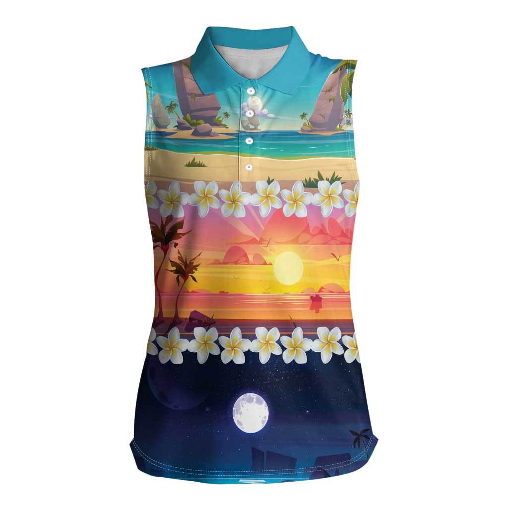 Hawaii Beach Landscape Time-Lapse Women Sleeveless Polo Shirt Tropical Plumeria Flowers - Wonder Print Shop