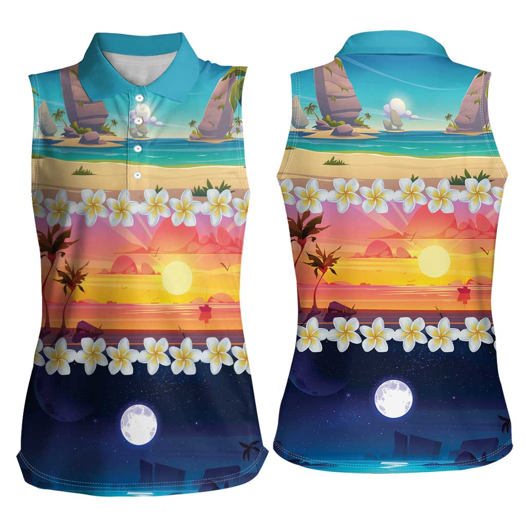 Hawaii Beach Landscape Time-Lapse Women Sleeveless Polo Shirt Tropical Plumeria Flowers - Wonder Print Shop