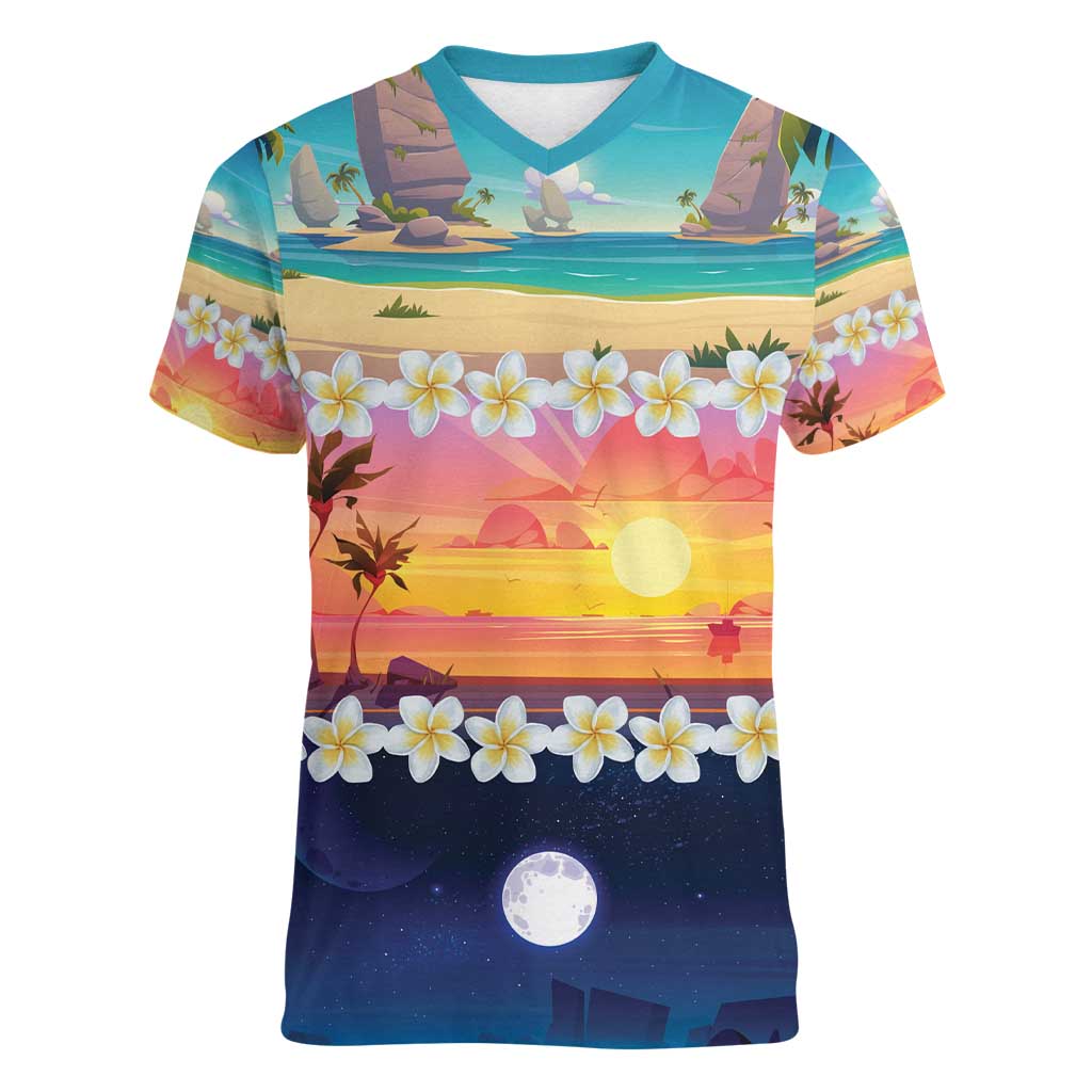 Hawaii Beach Landscape Time-Lapse Women V-Neck T-Shirt Tropical Plumeria Flowers - Wonder Print Shop