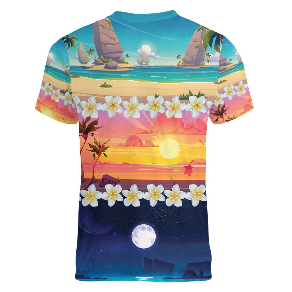Hawaii Beach Landscape Time-Lapse Women V-Neck T-Shirt Tropical Plumeria Flowers - Wonder Print Shop