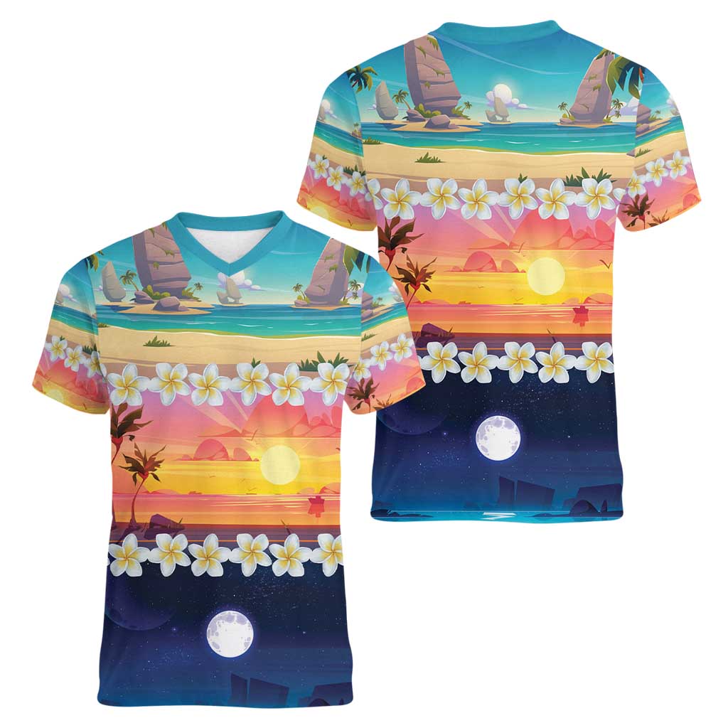Hawaii Beach Landscape Time-Lapse Women V-Neck T-Shirt Tropical Plumeria Flowers - Wonder Print Shop