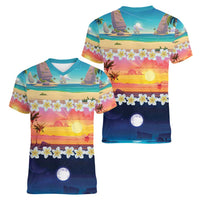 Hawaii Beach Landscape Time-Lapse Women V-Neck T-Shirt Tropical Plumeria Flowers - Wonder Print Shop