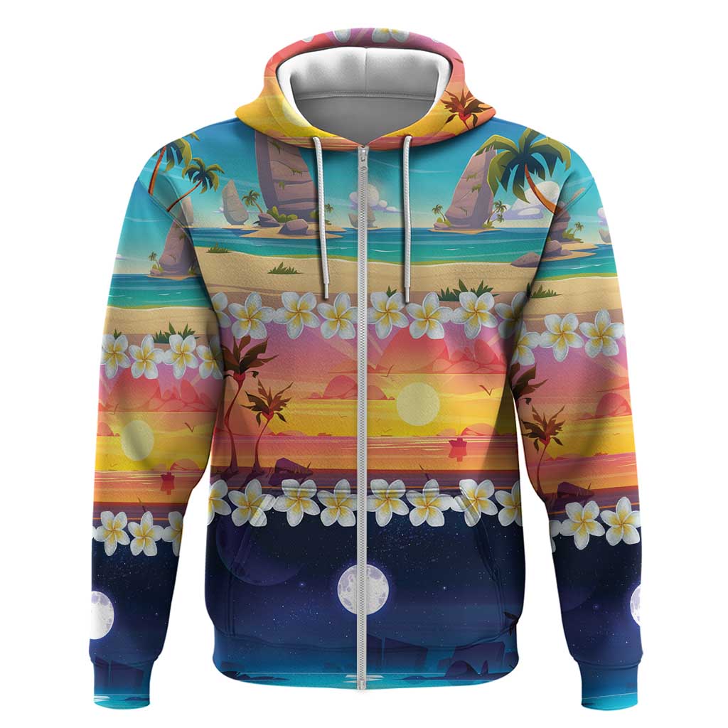 Hawaii Beach Landscape Time-Lapse Zip Hoodie Tropical Plumeria Flowers - Wonder Print Shop
