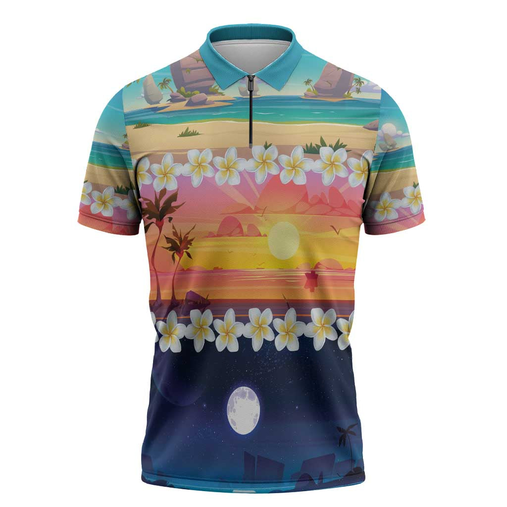 Hawaii Beach Landscape Time-Lapse Zipper Polo Shirt Tropical Plumeria Flowers - Wonder Print Shop