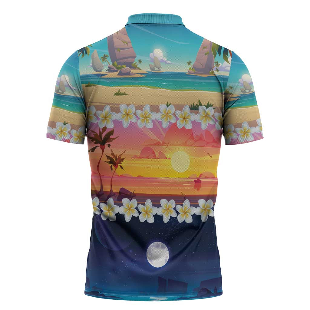 Hawaii Beach Landscape Time-Lapse Zipper Polo Shirt Tropical Plumeria Flowers - Wonder Print Shop
