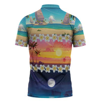 Hawaii Beach Landscape Time-Lapse Zipper Polo Shirt Tropical Plumeria Flowers - Wonder Print Shop