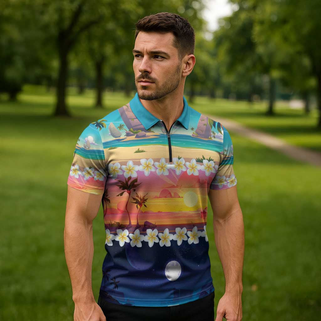 Hawaii Beach Landscape Time-Lapse Zipper Polo Shirt Tropical Plumeria Flowers - Wonder Print Shop