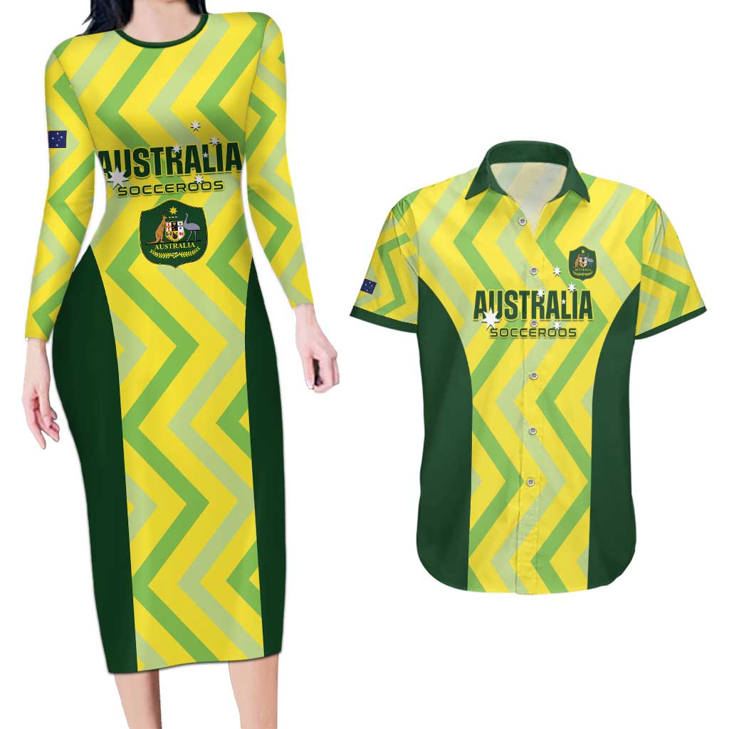 Australia Socceroos 2025 Couples Matching Long Sleeve Bodycon Dress and Hawaiian Shirt Forever Golden - Wonder Print Shop