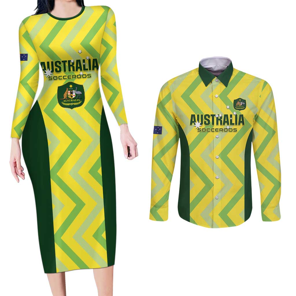 Australia Socceroos 2025 Couples Matching Long Sleeve Bodycon Dress and Long Sleeve Button Shirt Forever Golden - Wonder Print Shop