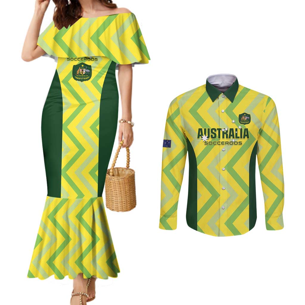 Australia Socceroos 2025 Couples Matching Mermaid Dress and Long Sleeve Button Shirt Forever Golden - Wonder Print Shop