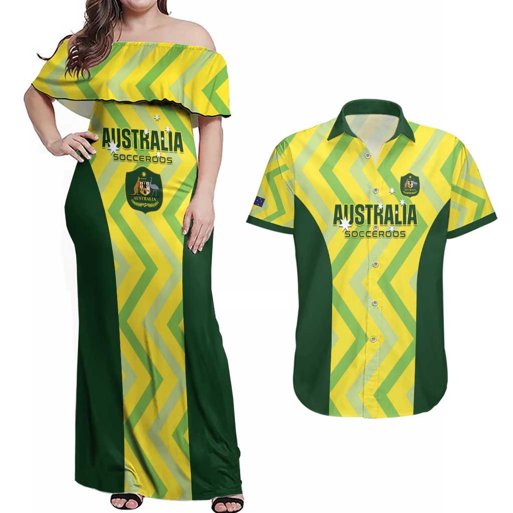 Australia Socceroos 2025 Couples Matching Off Shoulder Maxi Dress and Hawaiian Shirt Forever Golden - Wonder Print Shop