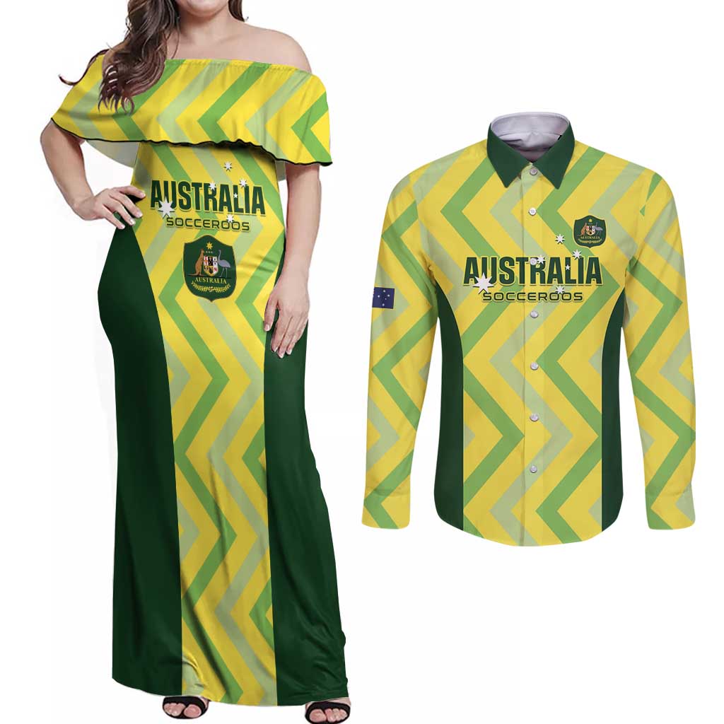 Australia Socceroos 2025 Couples Matching Off Shoulder Maxi Dress and Long Sleeve Button Shirt Forever Golden - Wonder Print Shop