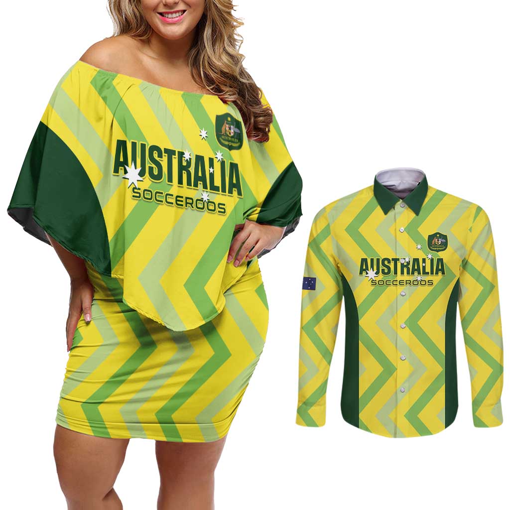 Australia Socceroos 2025 Couples Matching Off Shoulder Short Dress and Long Sleeve Button Shirt Forever Golden - Wonder Print Shop
