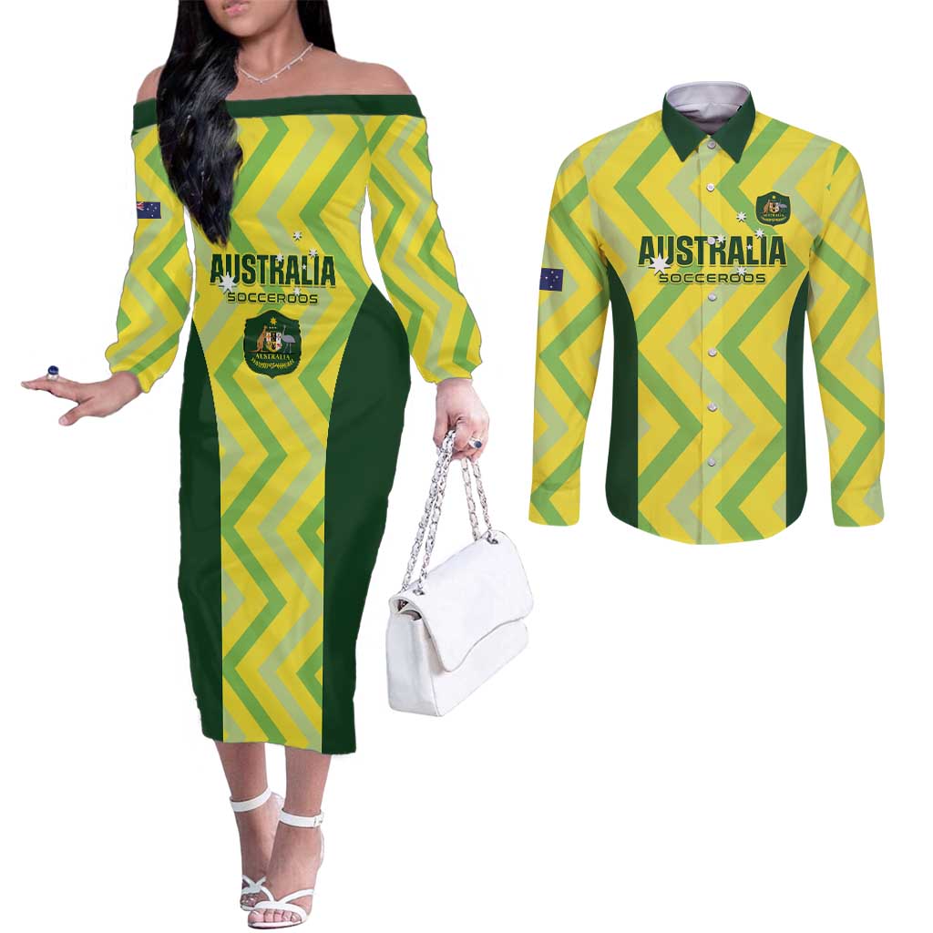 Australia Socceroos 2025 Couples Matching Off The Shoulder Long Sleeve Dress and Long Sleeve Button Shirt Forever Golden - Wonder Print Shop