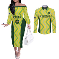 Australia Socceroos 2025 Couples Matching Off The Shoulder Long Sleeve Dress and Long Sleeve Button Shirt Forever Golden - Wonder Print Shop