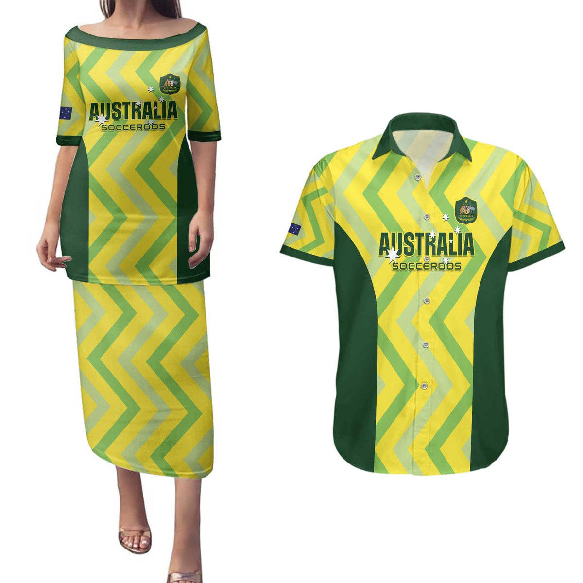 Australia Socceroos 2025 Couples Matching Puletasi and Hawaiian Shirt Forever Golden - Wonder Print Shop