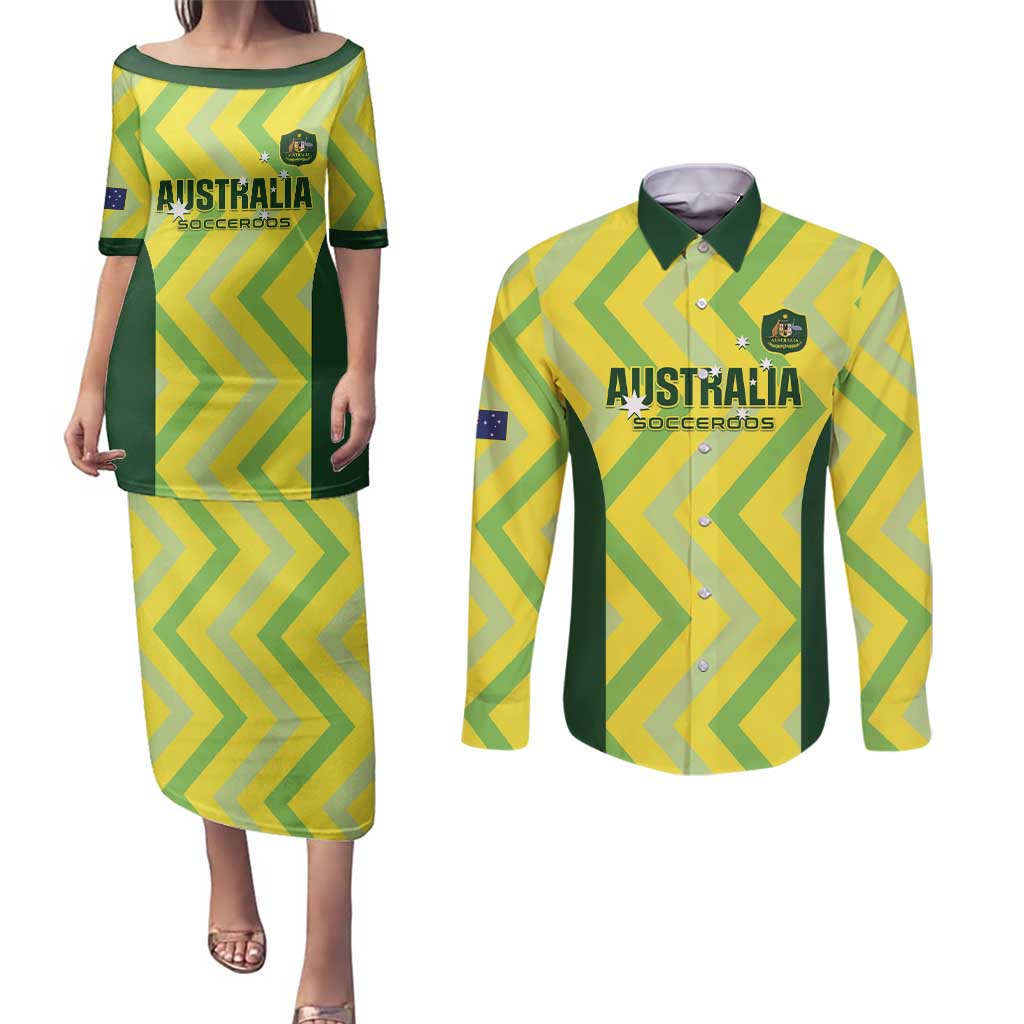Australia Socceroos 2025 Couples Matching Puletasi and Long Sleeve Button Shirt Forever Golden - Wonder Print Shop
