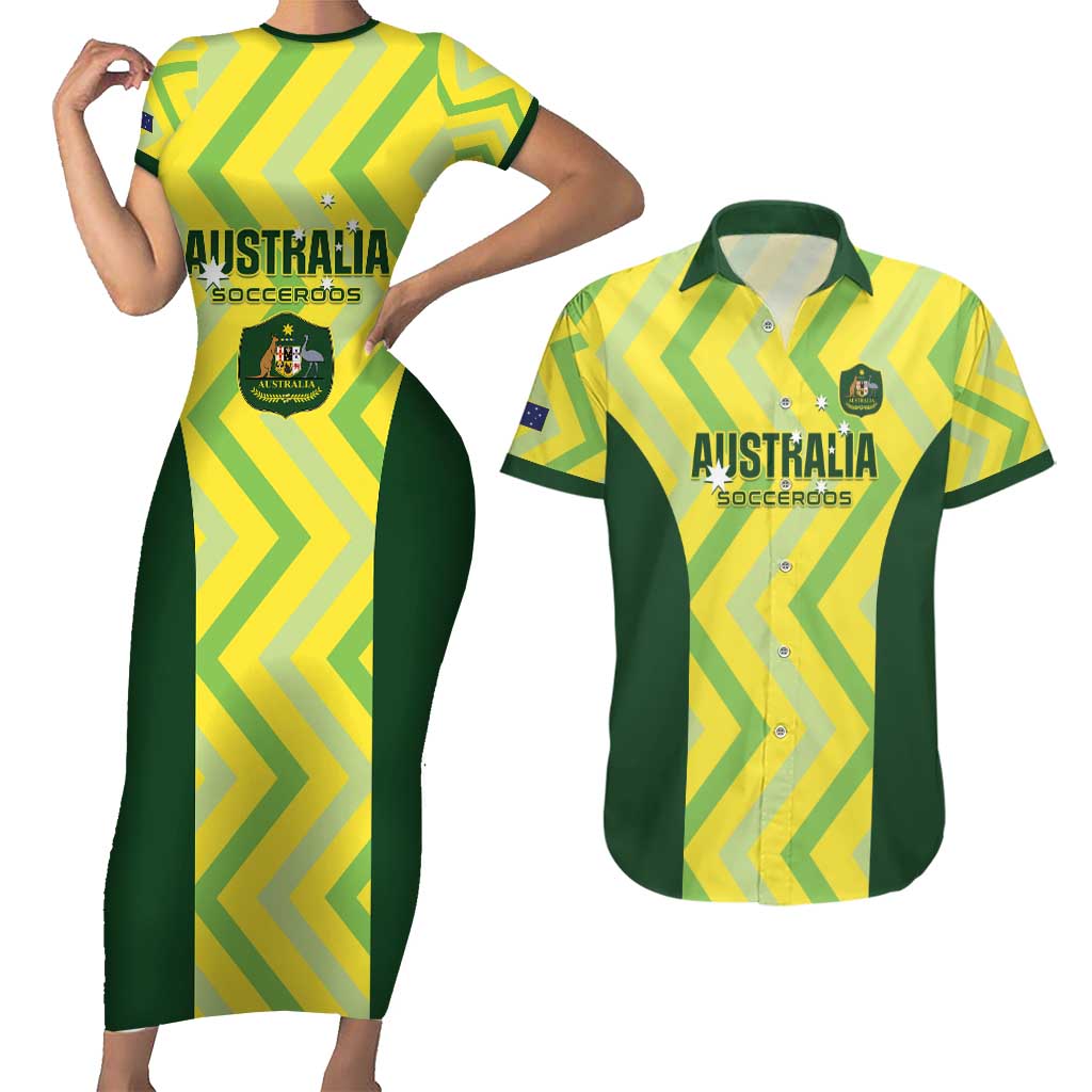 Australia Socceroos 2025 Couples Matching Short Sleeve Bodycon Dress and Hawaiian Shirt Forever Golden - Wonder Print Shop