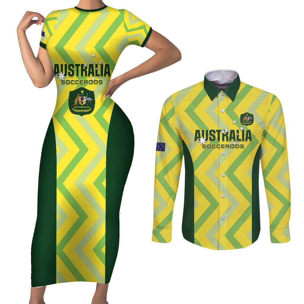 Australia Socceroos 2025 Couples Matching Short Sleeve Bodycon Dress and Long Sleeve Button Shirt Forever Golden - Wonder Print Shop