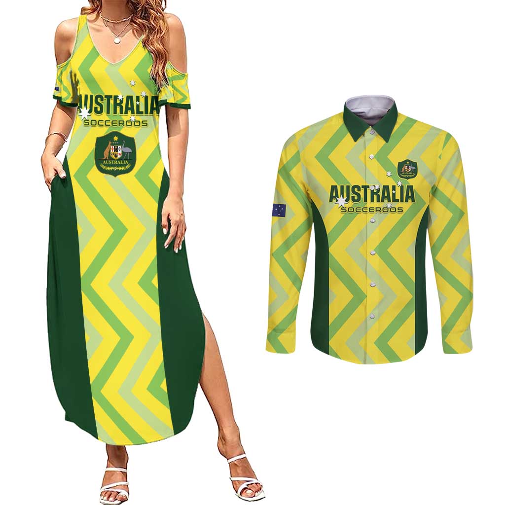 Australia Socceroos 2025 Couples Matching Summer Maxi Dress and Long Sleeve Button Shirt Forever Golden - Wonder Print Shop