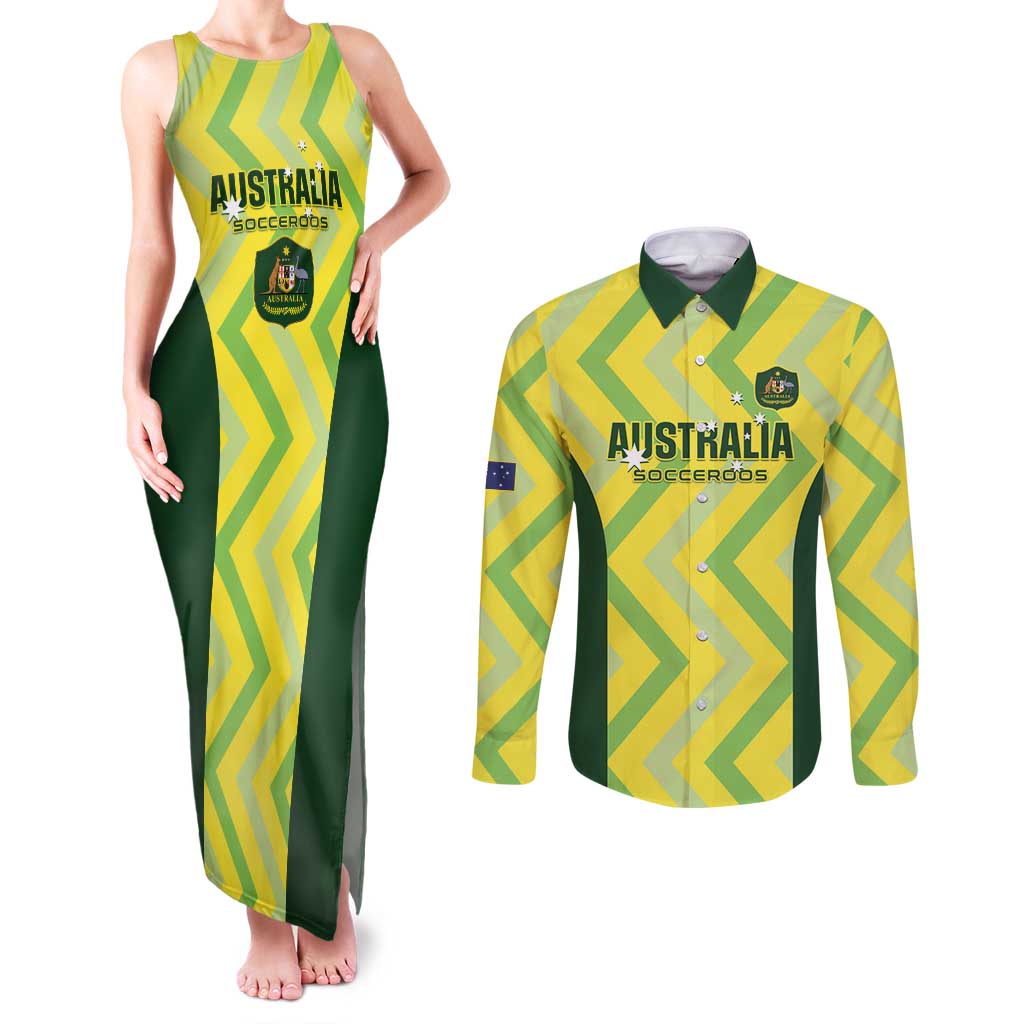 Australia Socceroos 2025 Couples Matching Tank Maxi Dress and Long Sleeve Button Shirt Forever Golden - Wonder Print Shop