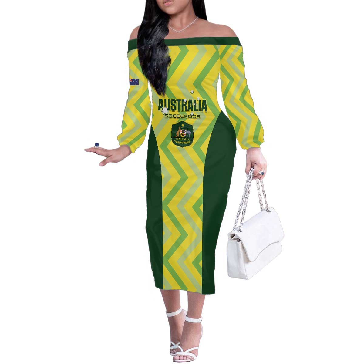 Australia Socceroos 2025 Family Matching Off The Shoulder Long Sleeve Dress and Hawaiian Shirt Forever Golden - Wonder Print Shop