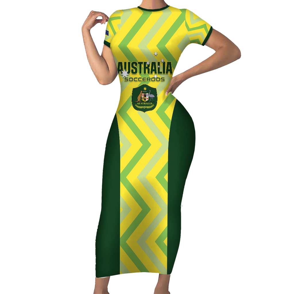 Australia Socceroos 2025 Short Sleeve Bodycon Dress Forever Golden - Wonder Print Shop