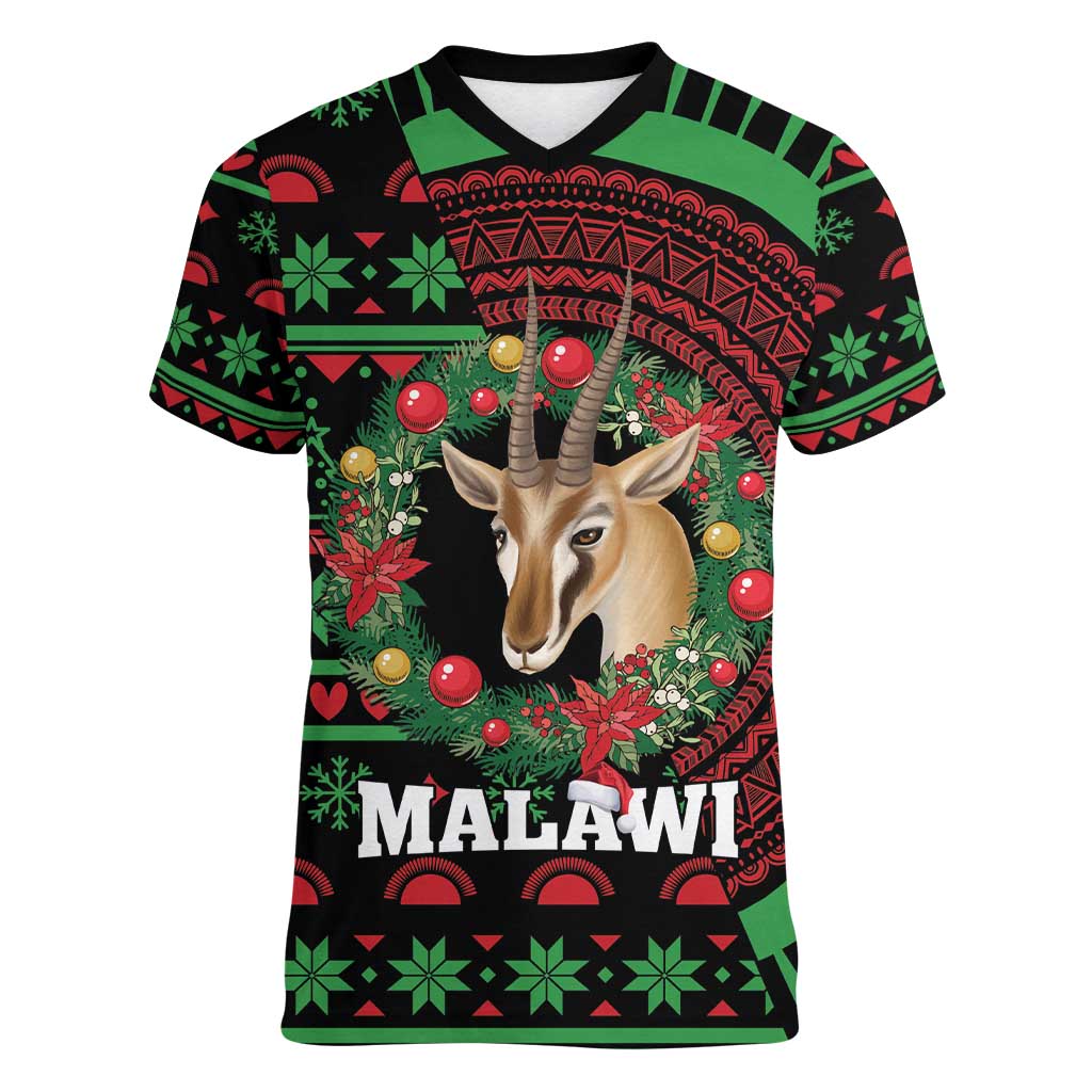 Personalized Malawi Christmas Women V-Neck T-Shirt Thompson Gazelle - African Pattern - Wonder Print Shop