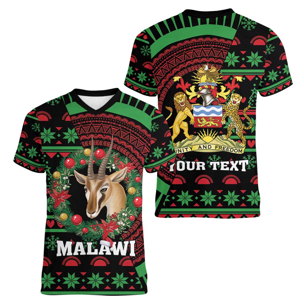 Personalized Malawi Christmas Women V-Neck T-Shirt Thompson Gazelle - African Pattern - Wonder Print Shop