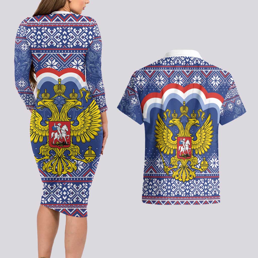 Russia Christmas Couples Matching Long Sleeve Bodycon Dress and Hawaiian Shirt Santa Matryoshka Doll - Wonder Print Shop