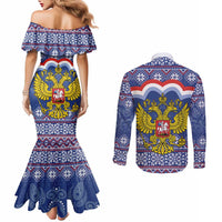 Russia Christmas Couples Matching Mermaid Dress and Long Sleeve Button Shirt Santa Matryoshka Doll