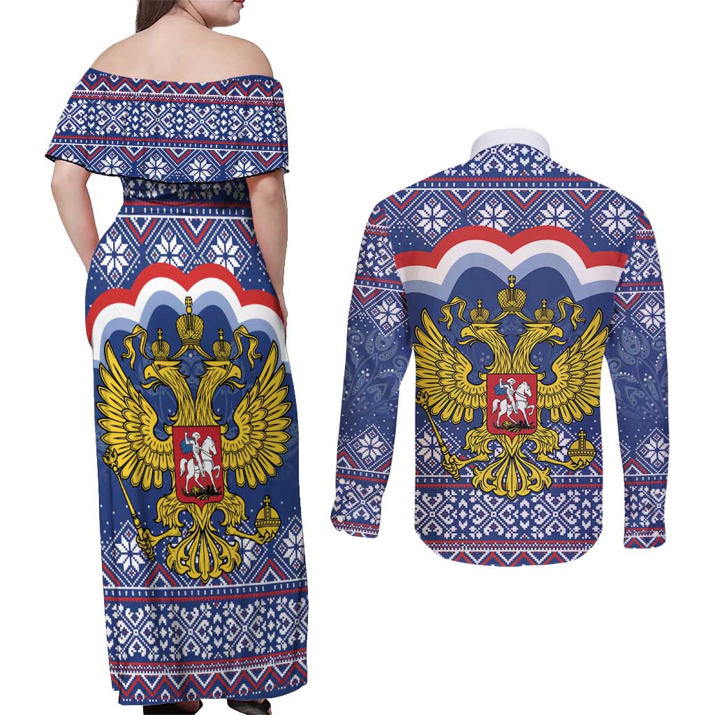 Russia Christmas Couples Matching Off Shoulder Maxi Dress and Long Sleeve Button Shirt Santa Matryoshka Doll - Wonder Print Shop